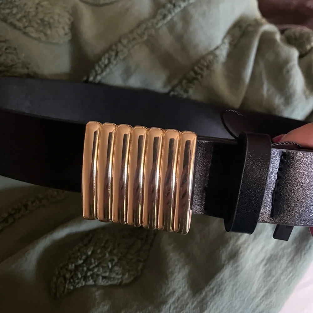 Black Leather Belt with Gold Accent Buckle